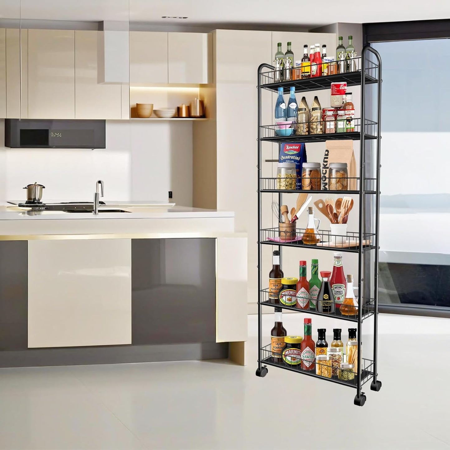 Slim Storage Cart with Wheels, 6-Tier 6in Black Narrow Rolling Shelf,Sturdy Slim Storage Ideal for Kitchen, Bathroom, and Laundry Room