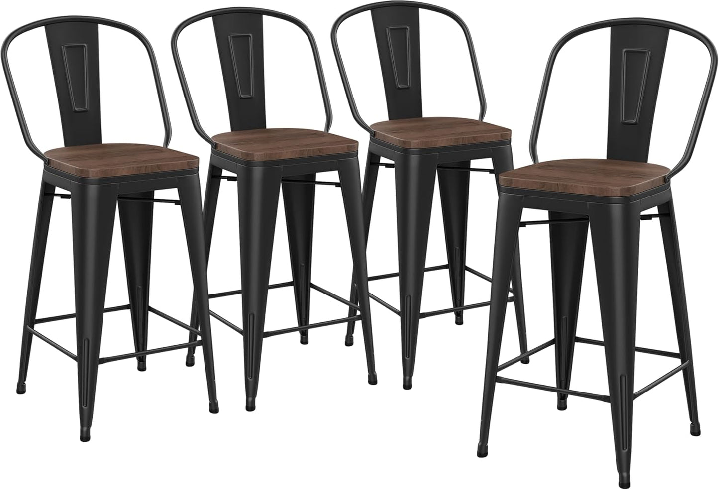 Yongqiang Black Metal Bar Stools Set of 4 Bar Height Stools Kitchen Island Barstools Industrial High Back Bar Chairs with Large Wooden Seat 30 inch