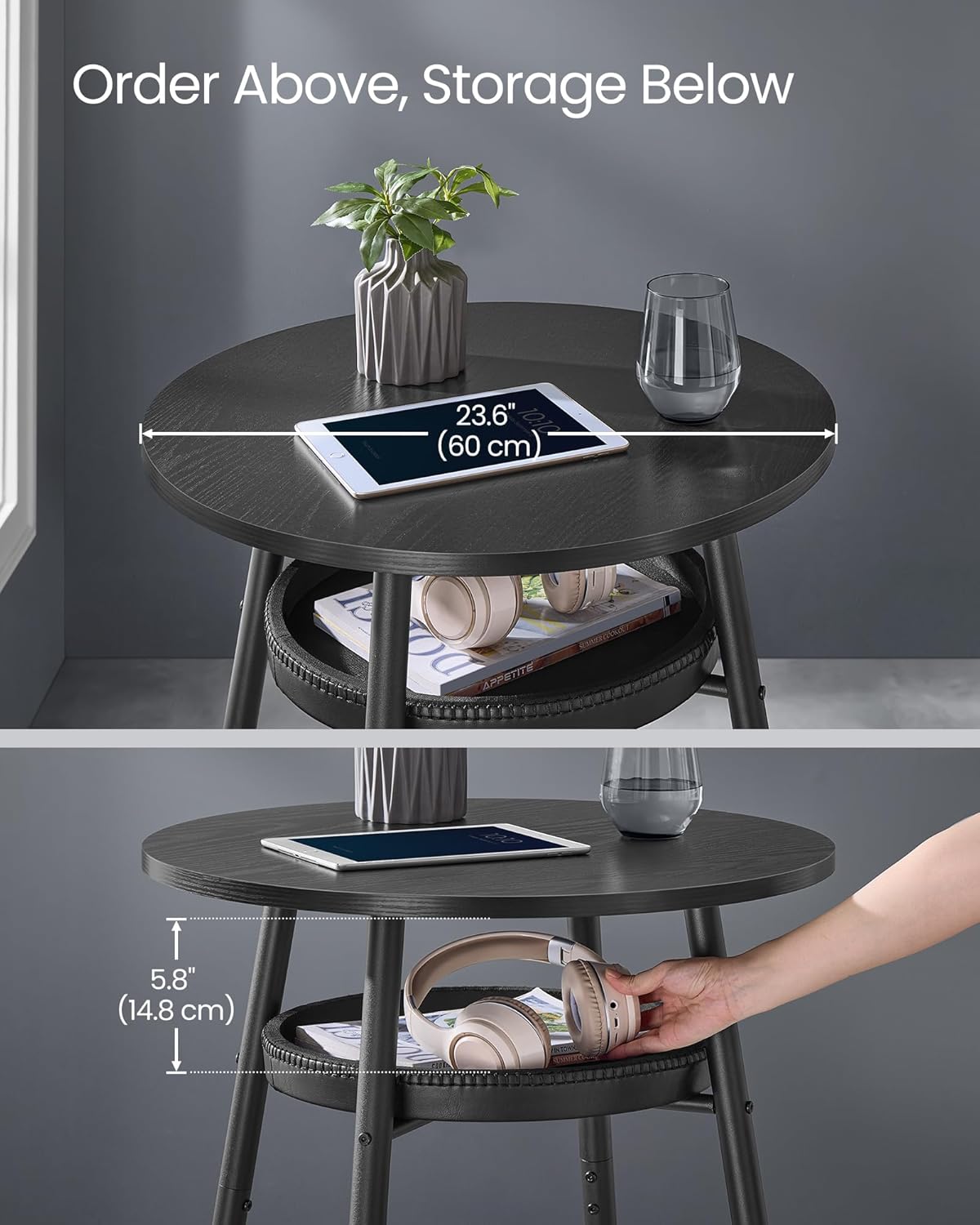 VASAGLE EKHO Collection - Bar Table with Storage, Round High Pub Table, Synthetic Leather with Stitching, Mid-Century Modern, Kitchen Home Bar, Living Room, Easy Assembly, Ebony Black and Ink Black