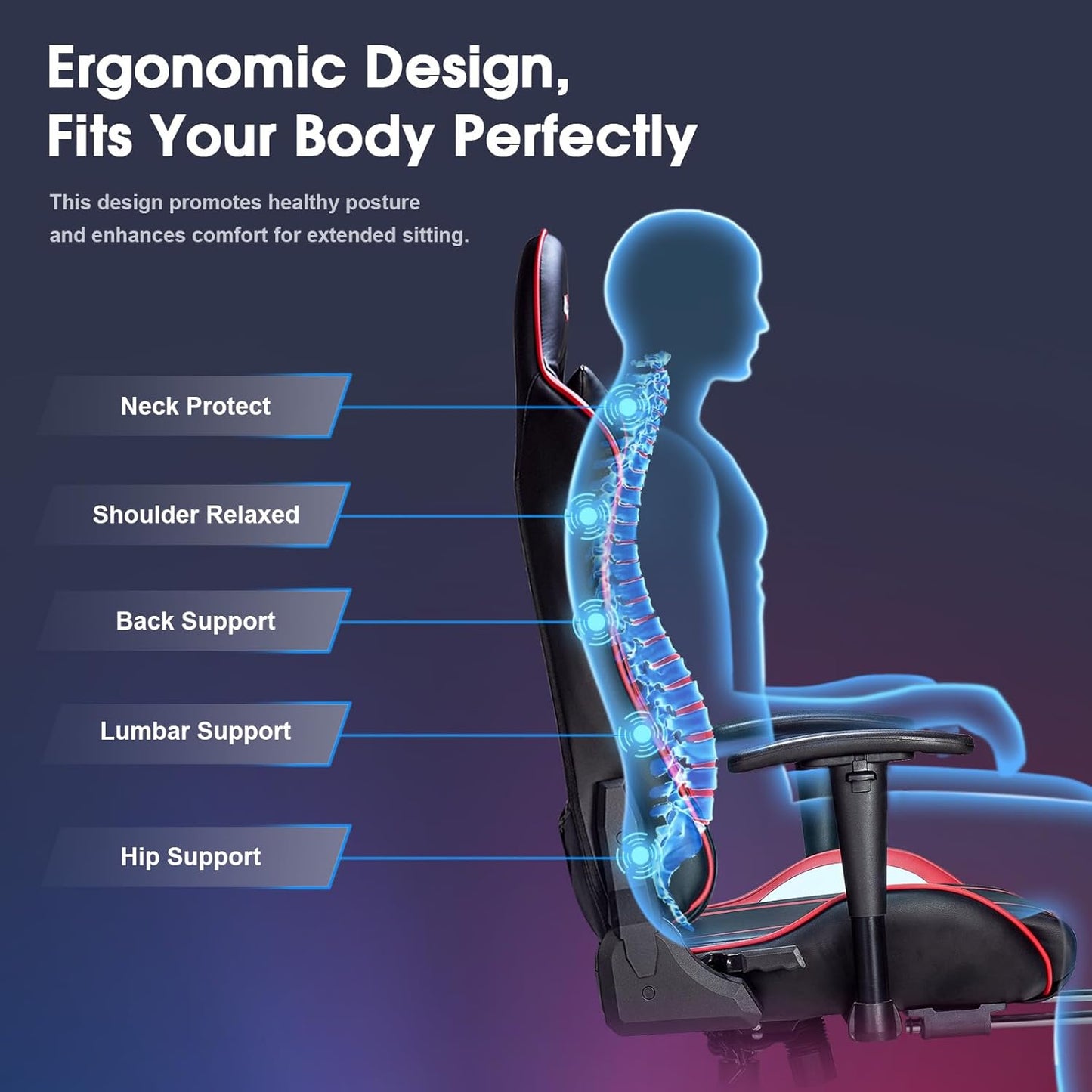 Massage Gaming Chair 7-Point, Office Chair with Footrest and Lumbar Support, Adjustable Seat Height Ergonomic, 175° Reclining Max, Red
