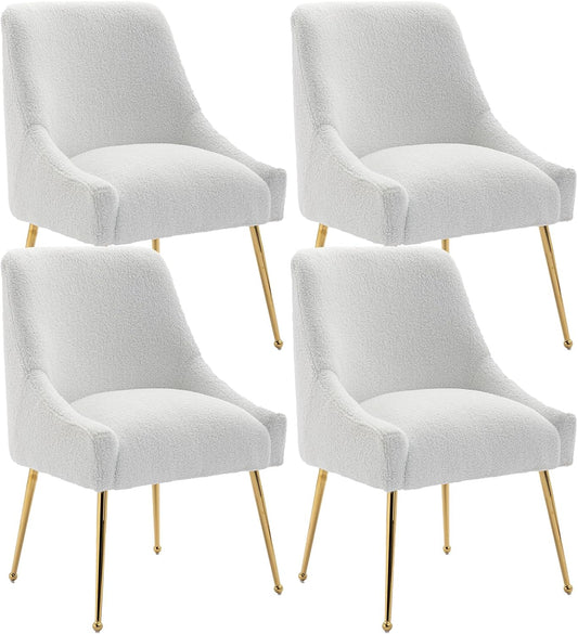 Dining Chairs Medieval Modern Restaurant Chairs, Soft Cushions, Teddy Velvet, Polished Gold Metal Legs, Kitchen Chairs, Living Room White 4-Piece Set