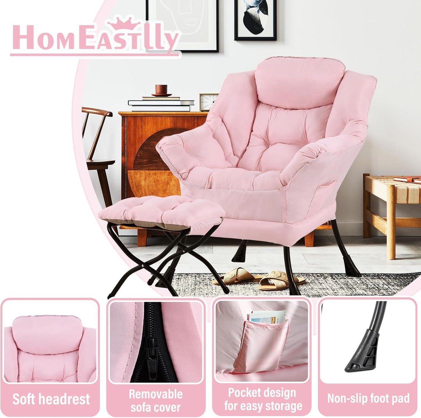 Lazy Chair with Ottoman, Large Modern Lounge Accent Chair with Armrests and Footrest, Reading Armchair with Ottoman, Leisure Sofa Chair for Living Room, Bedroom, Dorm Room, Office (Pink)