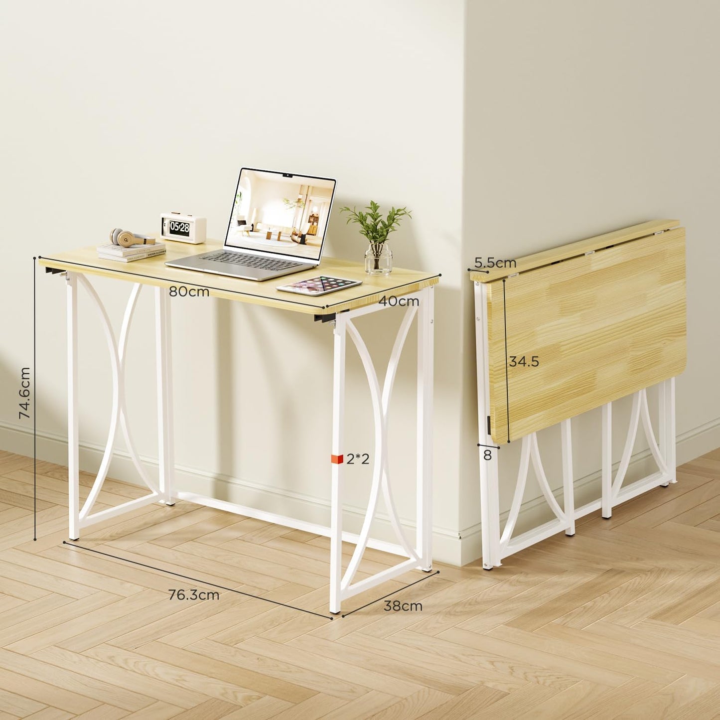 Mini Desk, 31.5" Small Desk for Bedroom, Foldable Desks for Small Spaces & Home Office, Easy Assembly, Beige Floor Patten