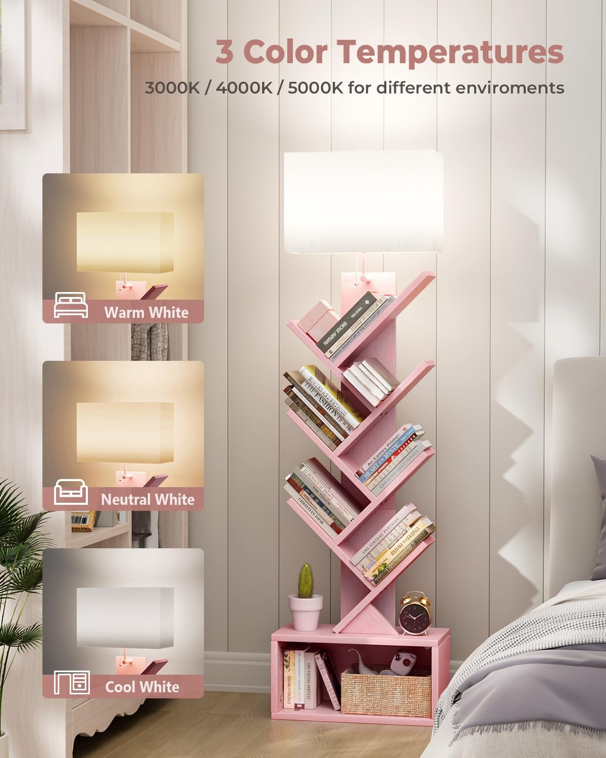6 Tier Tree Bookshelf with Light, Narrow Bookcase Tower, Tall Floor Standing Book Shelf Organizer with Storage Cabinet for Living Room, Bedroom and Home Office, Pink