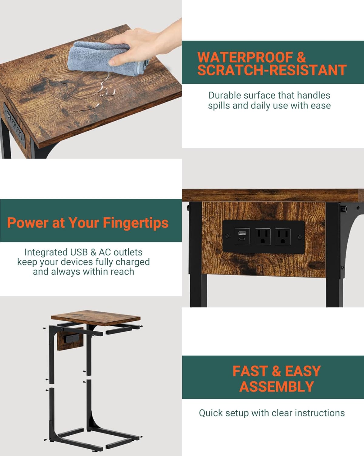 C-Shaped Side Table for Couch - Small Coffee Stand Sofa Tray Desk with Metal Frame Waterproof Scratch Resistant Wood Top and Built-in Charging Station, Rustic Brown