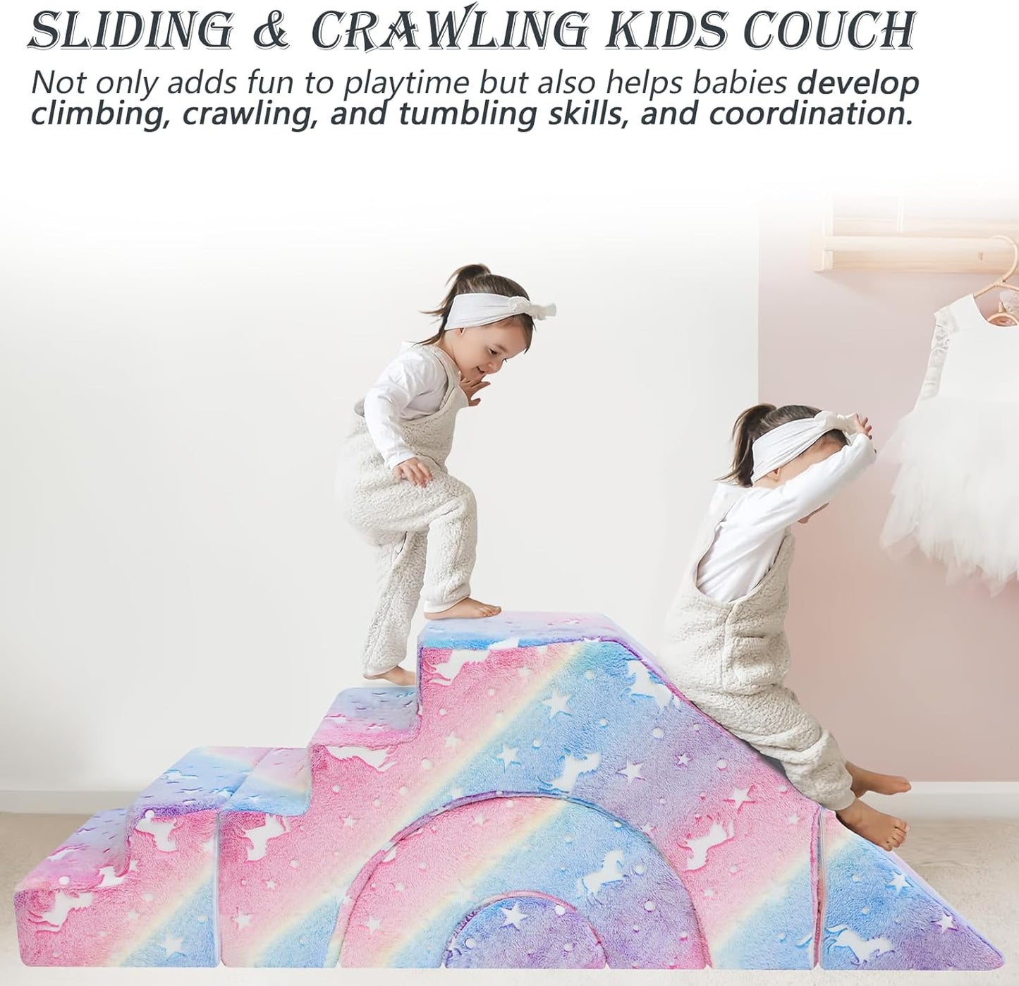 MeMoreCool Foam Climbing Toddler Couch, Modular Kids Sofa with Slide & Stair, Convertible Baby Couch for Playroom, Sectional Furniture for Crawling, Climbing, and Kids’ Play