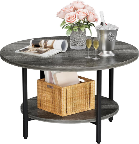 Coffee Table, 2 Tier Coffee Tables for Living Room, Round Coffee Table with Storage, Floor Table for Bedroom, Home Office, Dark Gray (27.6" D x 17.7" H)