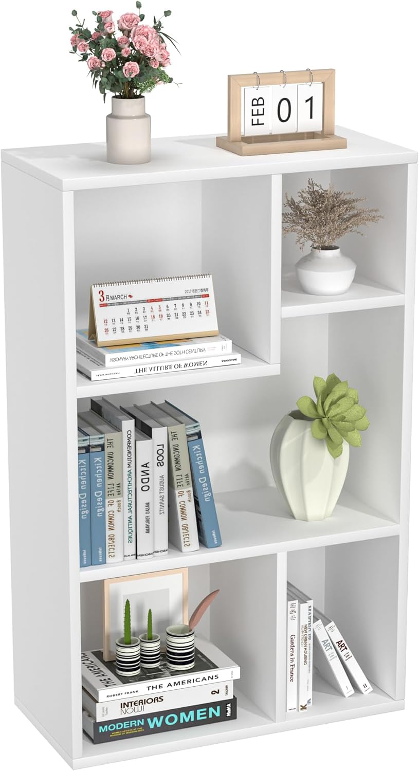VECELO Small White Bookshelf, 5 Cube Shelf, Fits Tallest Hardcovers, Horizontal Available, Storage Organzier for Home Office, Pearl White