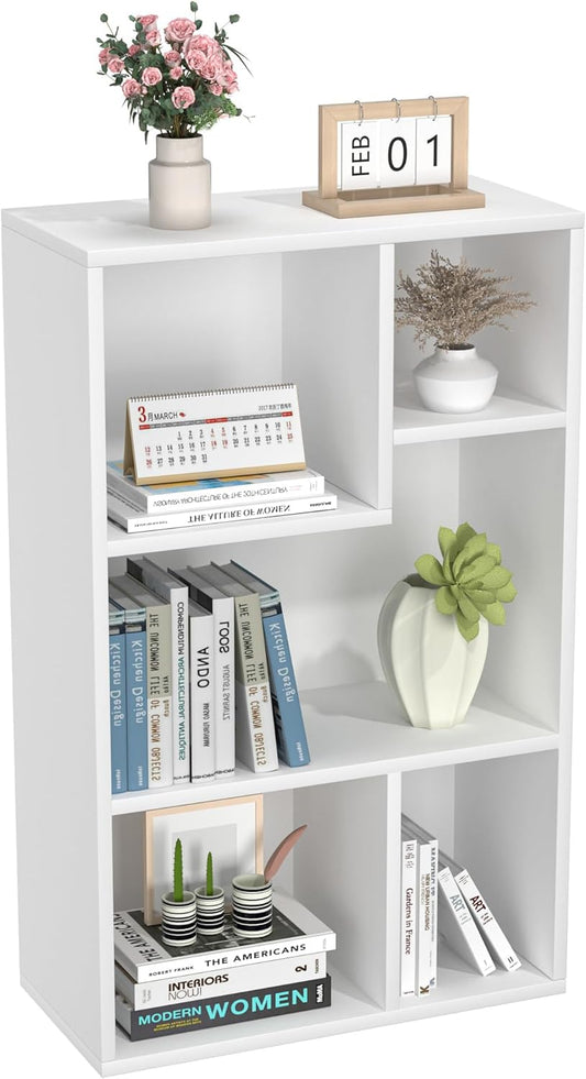 VECELO Small White Bookshelf, 5 Cube Shelf, Fits Tallest Hardcovers, Horizontal Available, Storage Organzier for Home Office, Pearl White