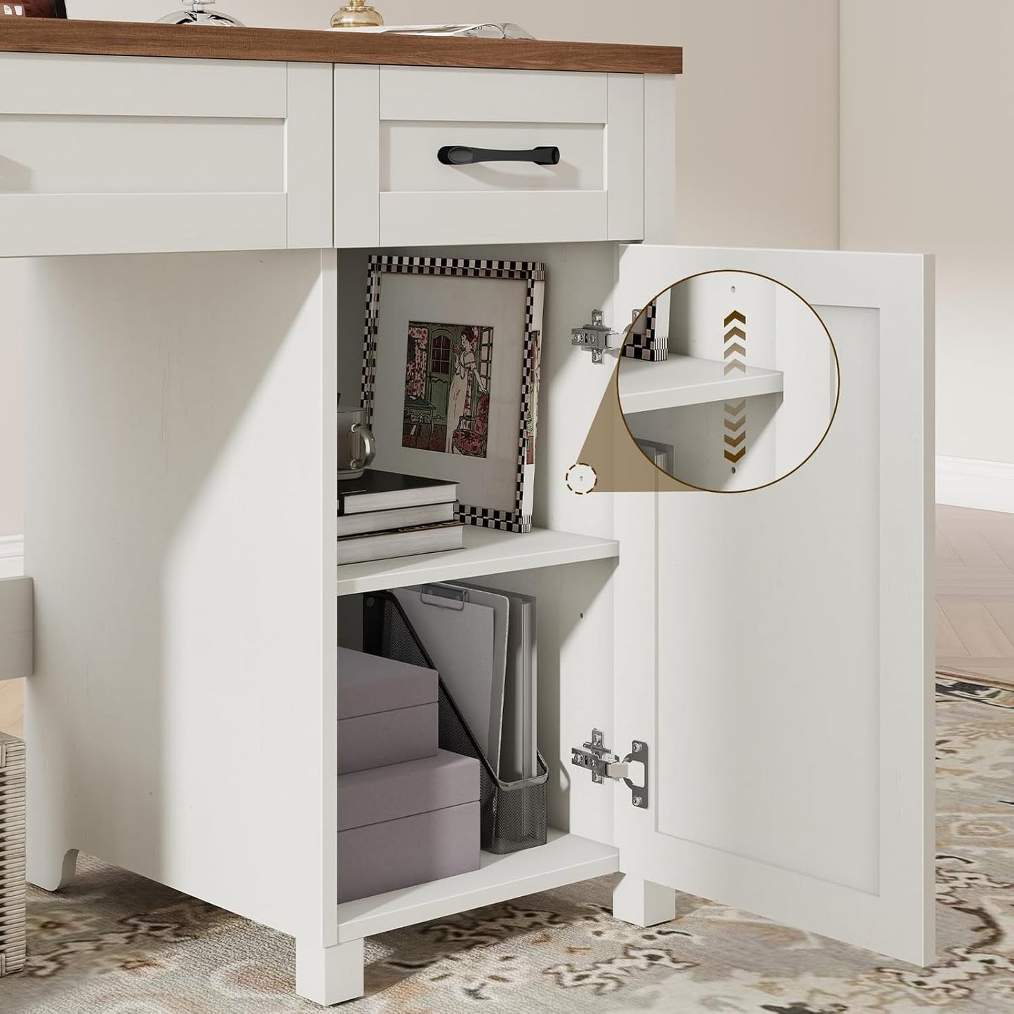 Farmhouse 47" Executive Desk, Computer Desk with Drawers and Storage Cabinet, Workstation Computer Desk for Home Office and Study.(Unique White)