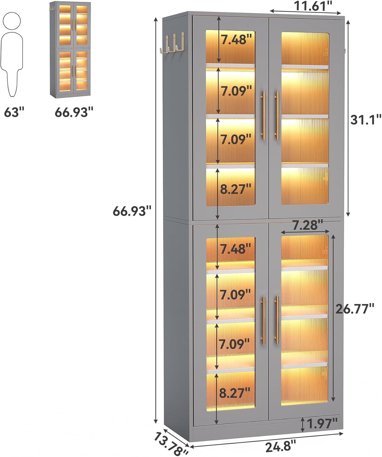 LITTLE TREE Stylish 8-Tier Vertical Shoe Rack with Built-in LED Lighting, Doors for Dust Protection, and Convenient External Hooks, Shoe Cabinet for Entryway, Living Room, Bedroom, Grey
