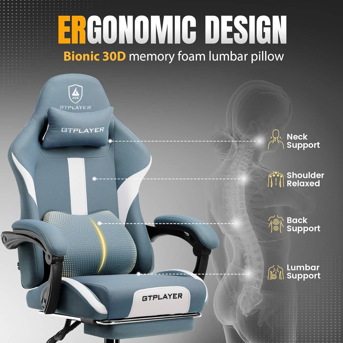 GTRACING Gaming Chair with Foot Rest & Pocket Spring Cushion, Breathable Fabric for Home Office Desk, Ergonomic High Back Computer Chair with Headrest & Lumbar Support, Blue