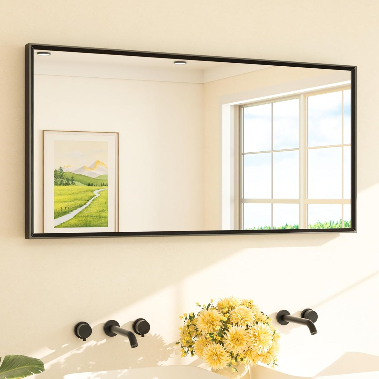 TETOTE Black Bathroom Vanity Mirror Beveled Frame 48" x 24" Black Rectangle Metal Framed Bathroom Wall Mirror for Over Sink, Tempered Glass, Modern Farmhouse Bedroom, Entryway, Living Room