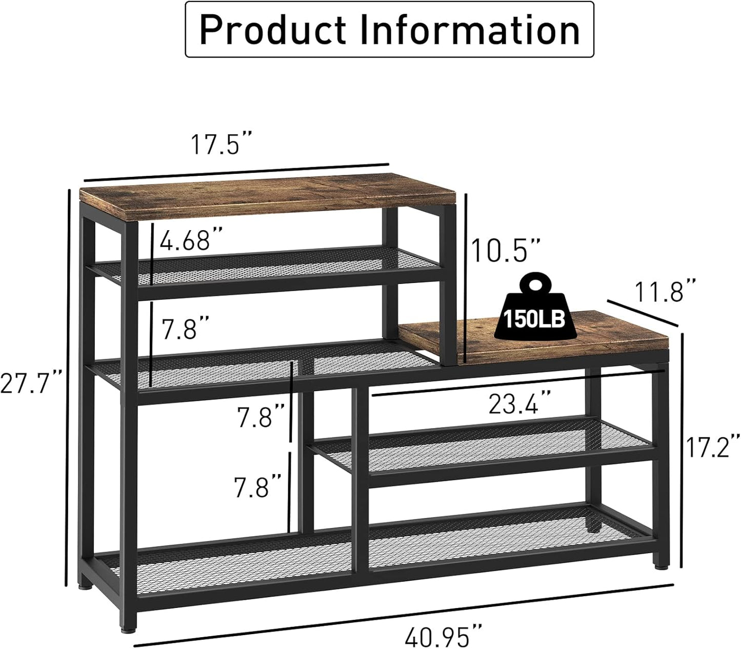 Shoe Rack Bench Shoe Storage Organizer with Seat, 5-Tier Industrial Free Standing Shoe Rack for Entryway, Narrow Shoe Rack Organizer Shelves for High Heels, Entryways, Hallways, Closets,Brown