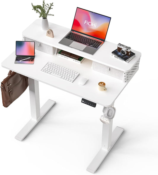 40x24 Inch Standing Desk with Double Drawers, C-Clamp Mount Compatible, Electric Adjustable Height Computer Stand Up Desks, Home Office Sit Stand Table with 3 Preset Heights & 2 Hooks, White