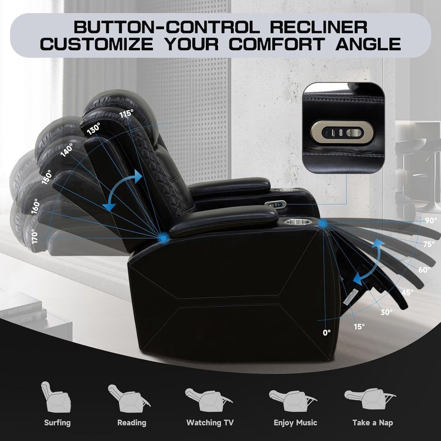 3+2+1 PU Leather Power Sectional Sofa Set, Living Room Furniture, Reclining Couch, Loveseat, Chair with LED Light/USB Ports/Storage Armrests/Center Console/Cup Holders/Wireless Chargers/Coffee Table