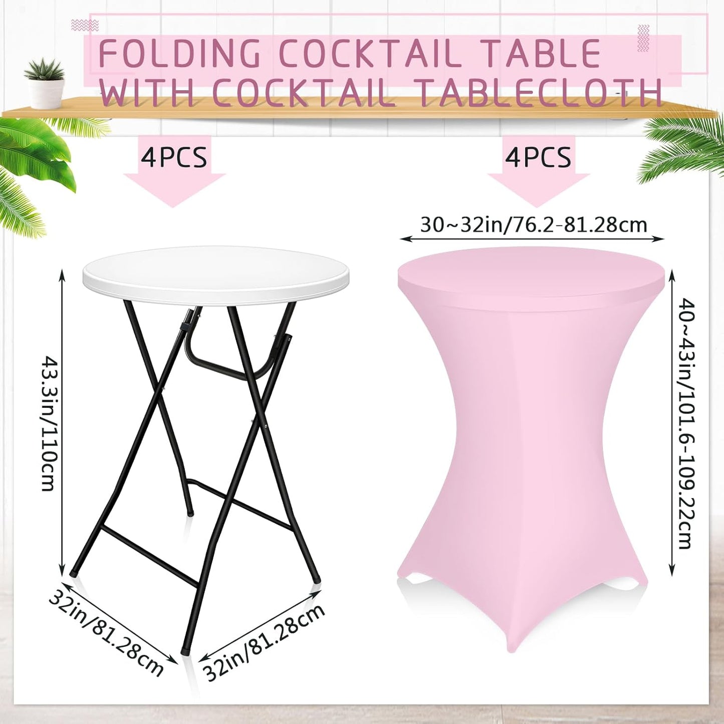 Wenqik 2 Sets 32" High Top Round Folding Cocktail Tables White Bar Height with Removable Legs & 32"x43" Spandex Stretch Table Covers (Pink)