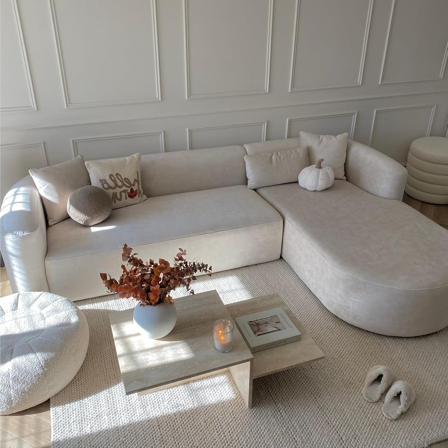 Acanva Luxury Modern Tight Curved Back Velvet Sofa, Minimalist Style Comfy Couch for Living Room Apartment, L-Shape Right Chaise, Cream