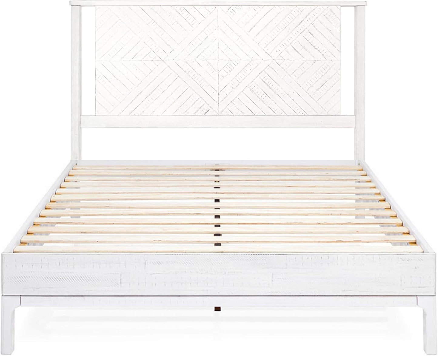 Bme Ethan Queen Bed Frame with Diamond Headboard, Mid-Century Modern, Solid Acacia Wood, No Box Spring Needed, Fits All Mattresses, Rustic White