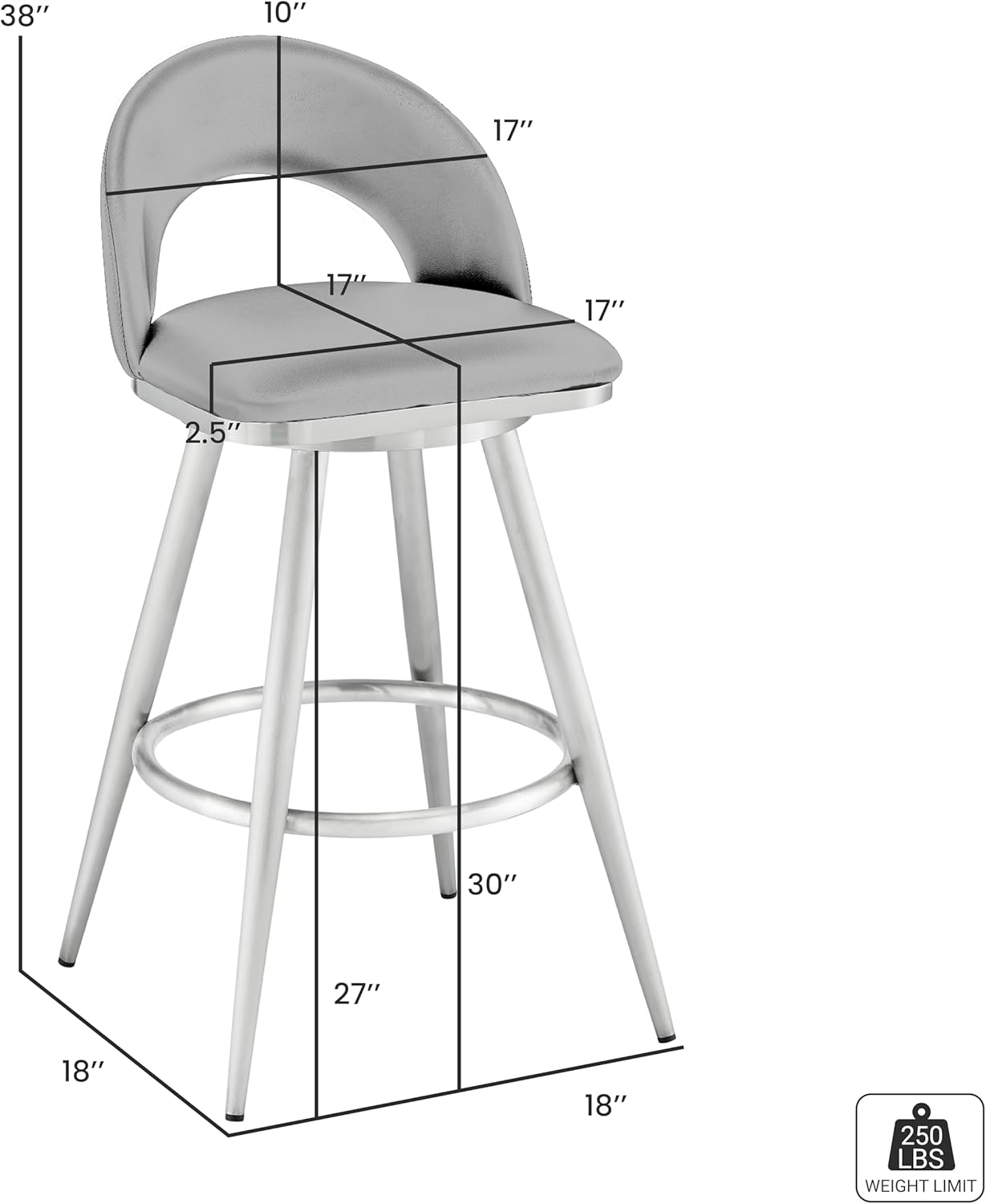 Armen Living Charlotte Swivel Bar Stool in Brushed Stainless Steel with Black Faux Leather