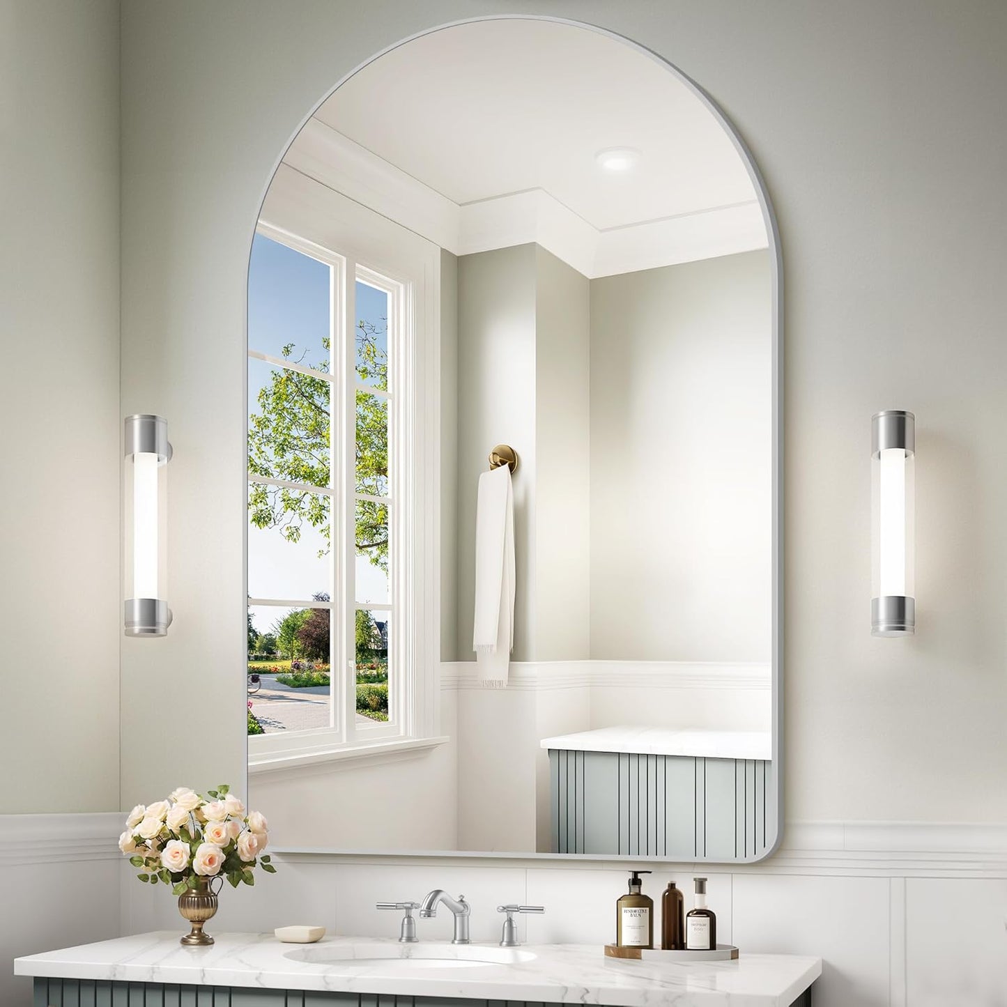 Arched Bathroom Mirror, 30"x48" Silver Arched Mirror for Bathroom, Wall Mounted Mirror, Silver Vanity Wall Mirror w/Metal Frame for Bedroom, Entryway, Living Room, Hanging or Leaning Against
