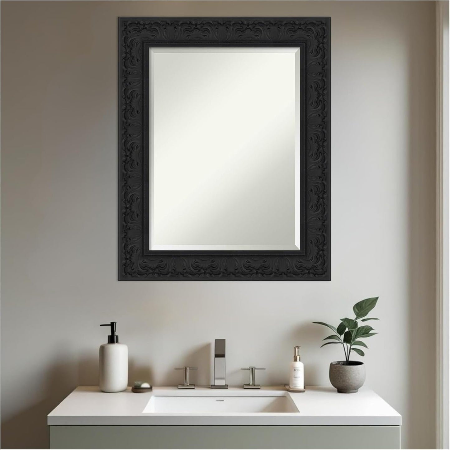 Amanti Art Black Bathroom Mirror for Over Sink, 31x25 Luxe Black Rectangle Vanity Mirror, Medium Traditional Frame, Hangs Horizonally and Vertically, Bathroom Wall Decor, Beveled Edge