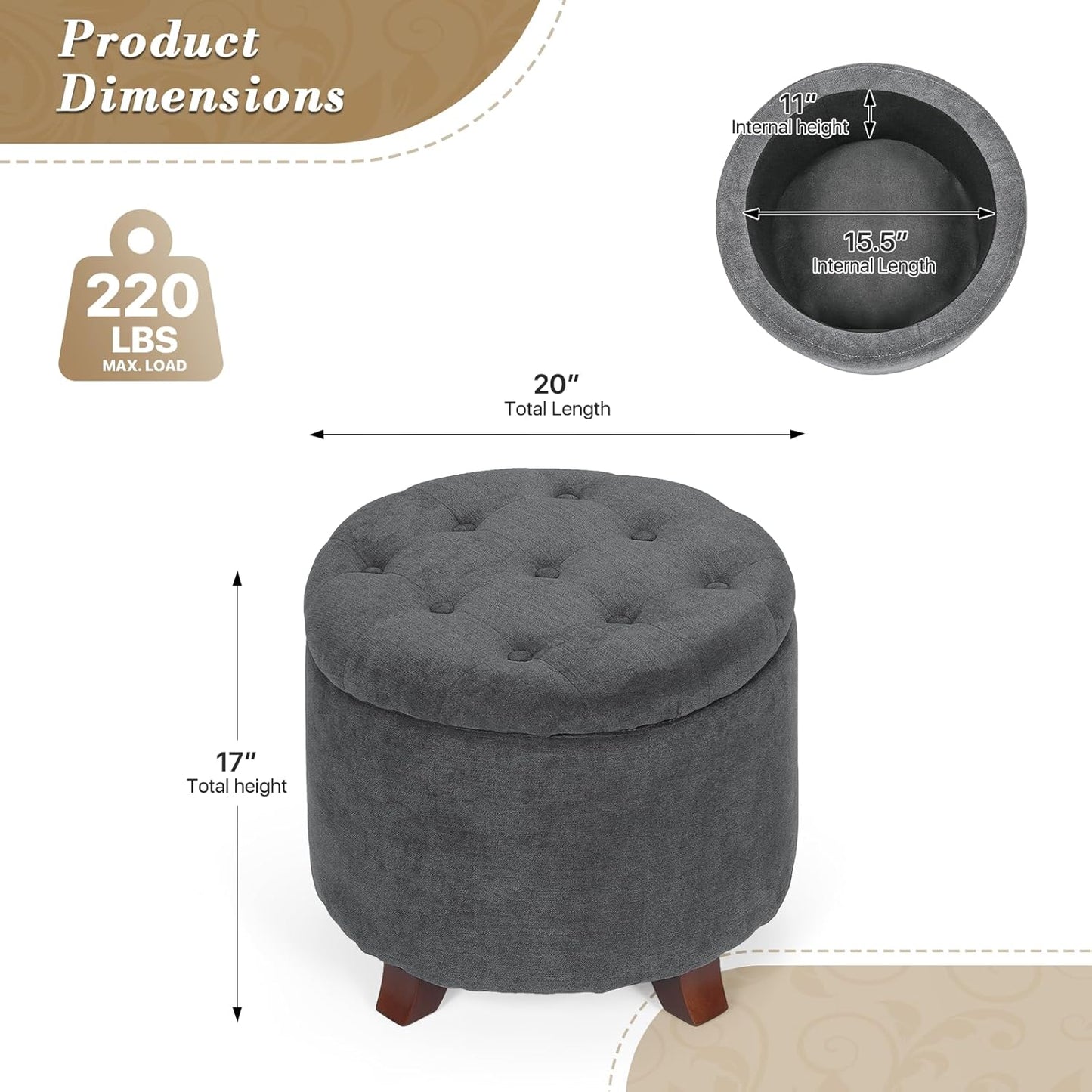 Athena Collection 20 Inch Small Ottoman with Storage, Round Linen Fabric Storage Ottoman with Removable Lid, Stylish Footstool Foot Rest for Living Room, Bedroom, Dorm, Dark Grey