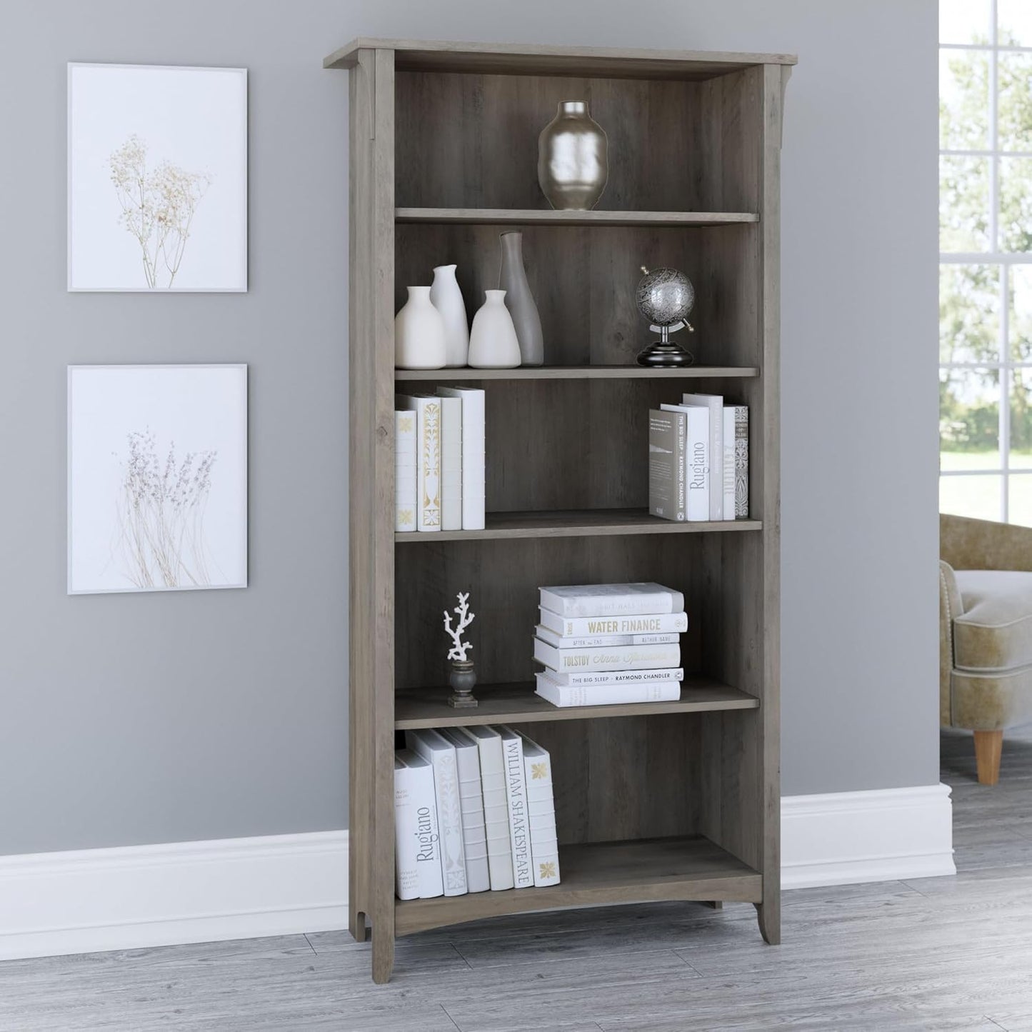 Bush Furniture Salinas 5 Shelf Bookcase in Driftwood Gray, Tall Bookshelf, Large Book Shelf for Living Room, Home Office, or Entryway