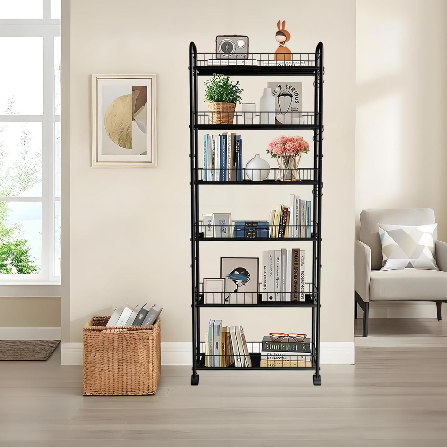 Slim Storage Cart with Wheels, 6-Tier 6in Black Narrow Rolling Shelf,Sturdy Slim Storage Ideal for Kitchen, Bathroom, and Laundry Room
