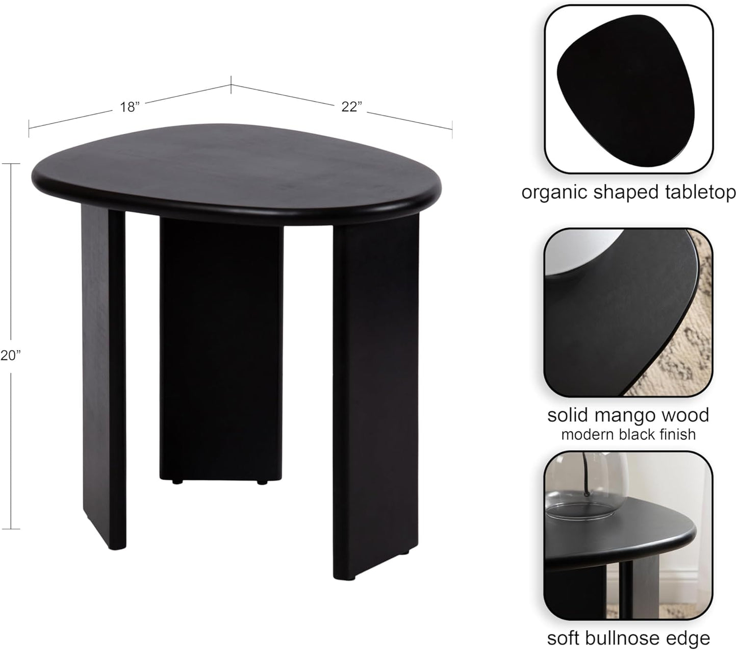 Kate and Laurel Tortola Modern Irregular Round Side Table, 22 x 18 x 20, Black, Transitional Pebble End Table for Use as Bedroom Nightstand or Living Room Accent Table