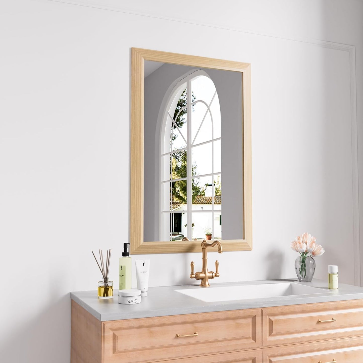 Amorho 24x36 Inch Bathroom Mirror for Wall, Oak Wood Grain Metal Framed Mirror, Anti-Rust, Hang Horizontally/Vertically, Suitable for Bedroom, Farmhouse, Bathroom, Decorative