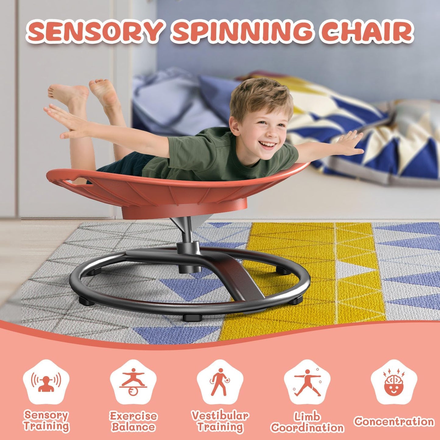 Spinning Chair for Autistic Kids - Sensory Spinning Chair for Autistic Children with Safety Handle & Non-Slip Design, Sensory Swivel Chairs for Kids 3-8 Years(Orange)