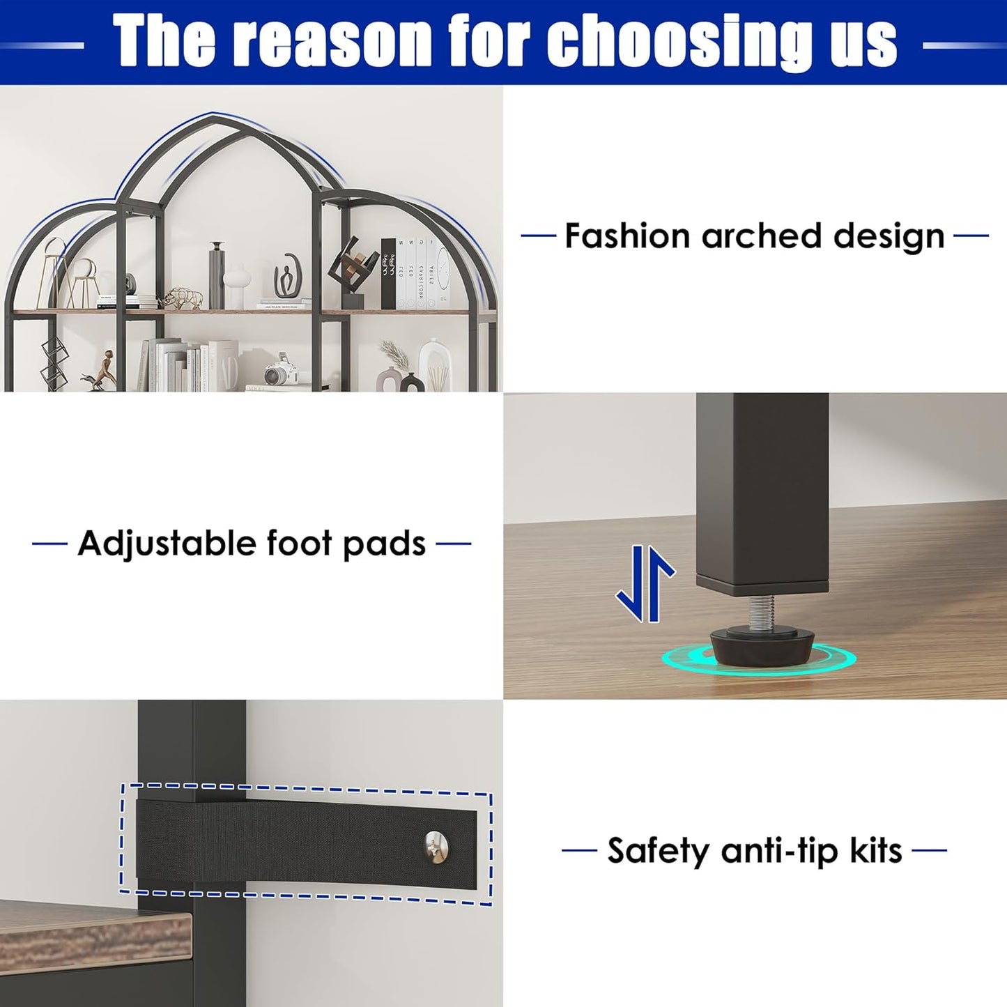 Triple Wide 5 Tier Tall Arched Bookshelf and Bookcase with 3 Cabinets, Industrial Metal Etagere Open Bookshelf, Rustic Wood Standing Book Shelf with Black Metal Frame for Bedroom Living Room