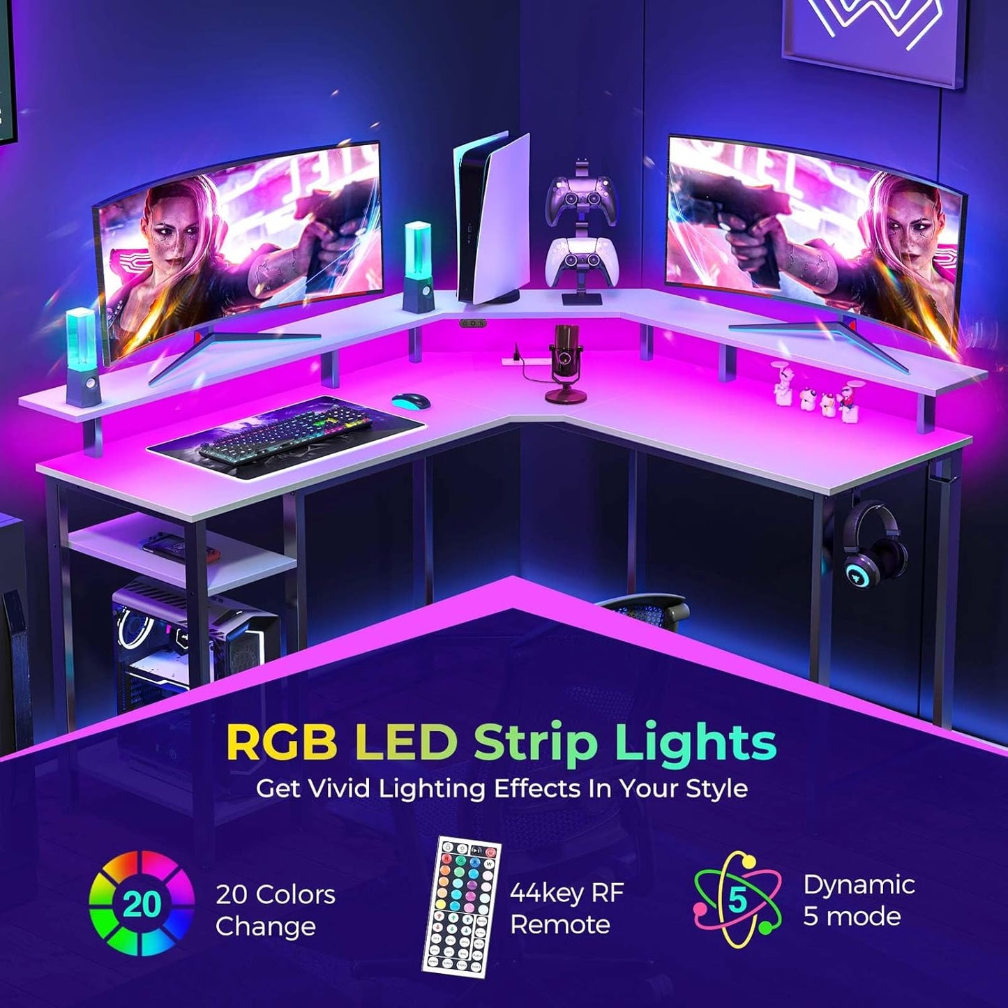 Rolanstar L Shaped Gaming Desk with LED Lights & Power Outlets, 46.2" Computer Desk with Full Monitor Stand & Storage Shelf, Corner Desk with Hooks, White Desk Reversible