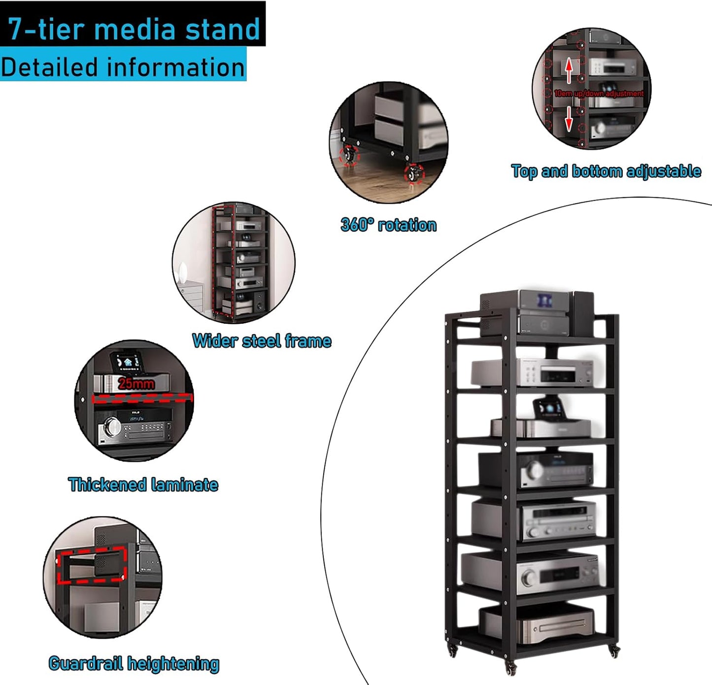 7 Tier Audio Rack Tower, CD Record Player Stereo Receiver AV Equipment Cabinet Display Rack, Weight Capacity 661 lbs, with Adjustable Wooden Shelves for Home (BIACK, 7 Tier 55×19.7×15.7IN)