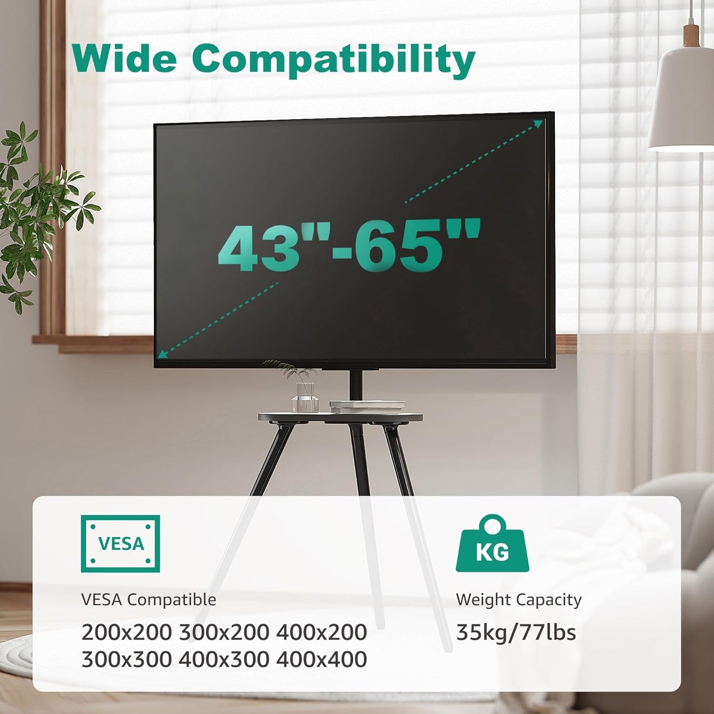 Tripod Easel TV Stand for 43 to 65 Inch LCD Led Screen, Height Adjustable and Swievel TV Stand, Portable TV Floor Stand with Wooden Tray for Bedroom, Living Room, Studio, Metal Black