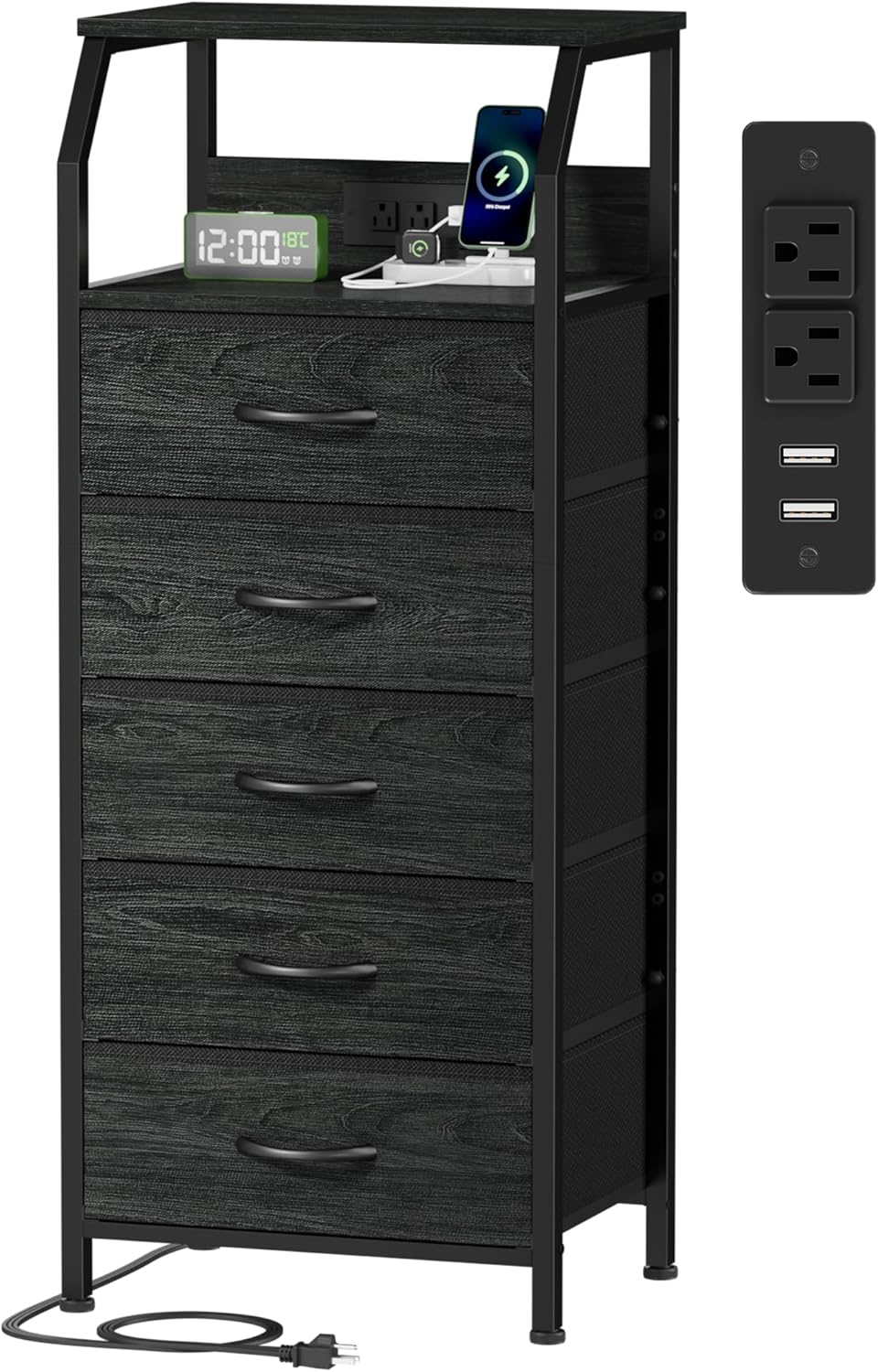Furnulem 5 Drawers Dresser with Charging Station, Fabric Chest of Drawers with Open Shelf, Tall Night Stand, Bedside Table for Closet, Entryway, Bedroom Furniture, 3 Ways to Use, Black Oak