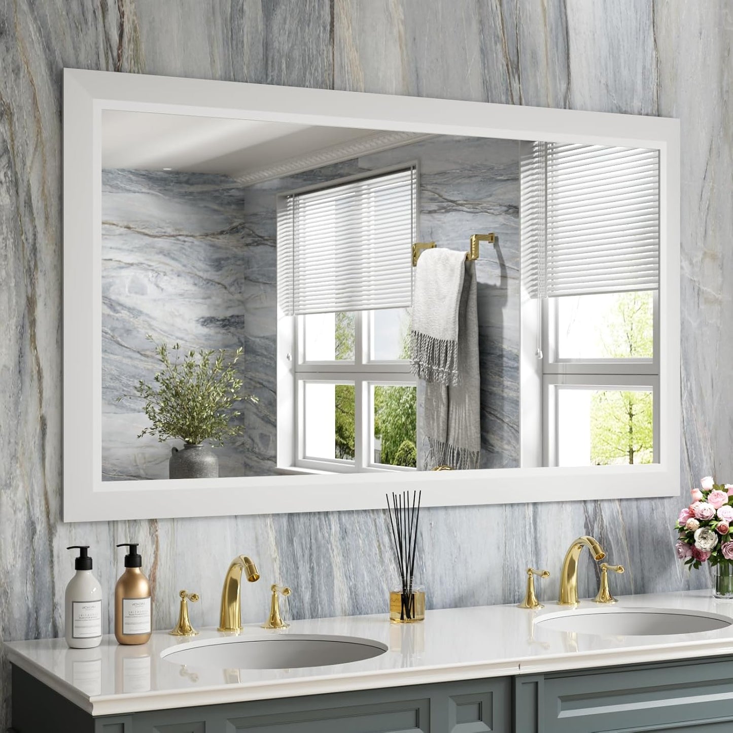 Amorho Bathroom Mirror, 50X30 Inch White Thick Metal Framed Wall Mirrors for Over 2 Sinks, Bedroom, Living Room, Entryway, Large Rectangle Wall-Mounted Mirrors.