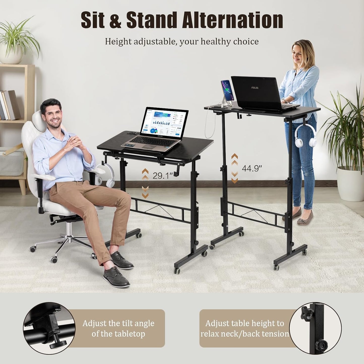SIDUCAL Standing Desk Height Adjustable with Tiltable Tabletop, Rolling Laptop Desk with Charging Station, Sit Stand Portable Stand Up Desk with Wheels, Black