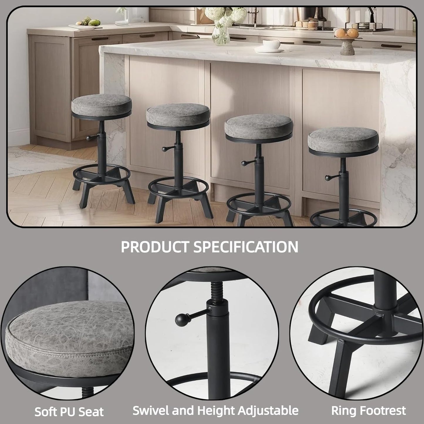 Vintage Bar Stools | Kitchen Island Counter Stool | Swivel Pu Seat | Extra Sitting | Standard Counter Height Adjustable 17-24inch (Set of 2)