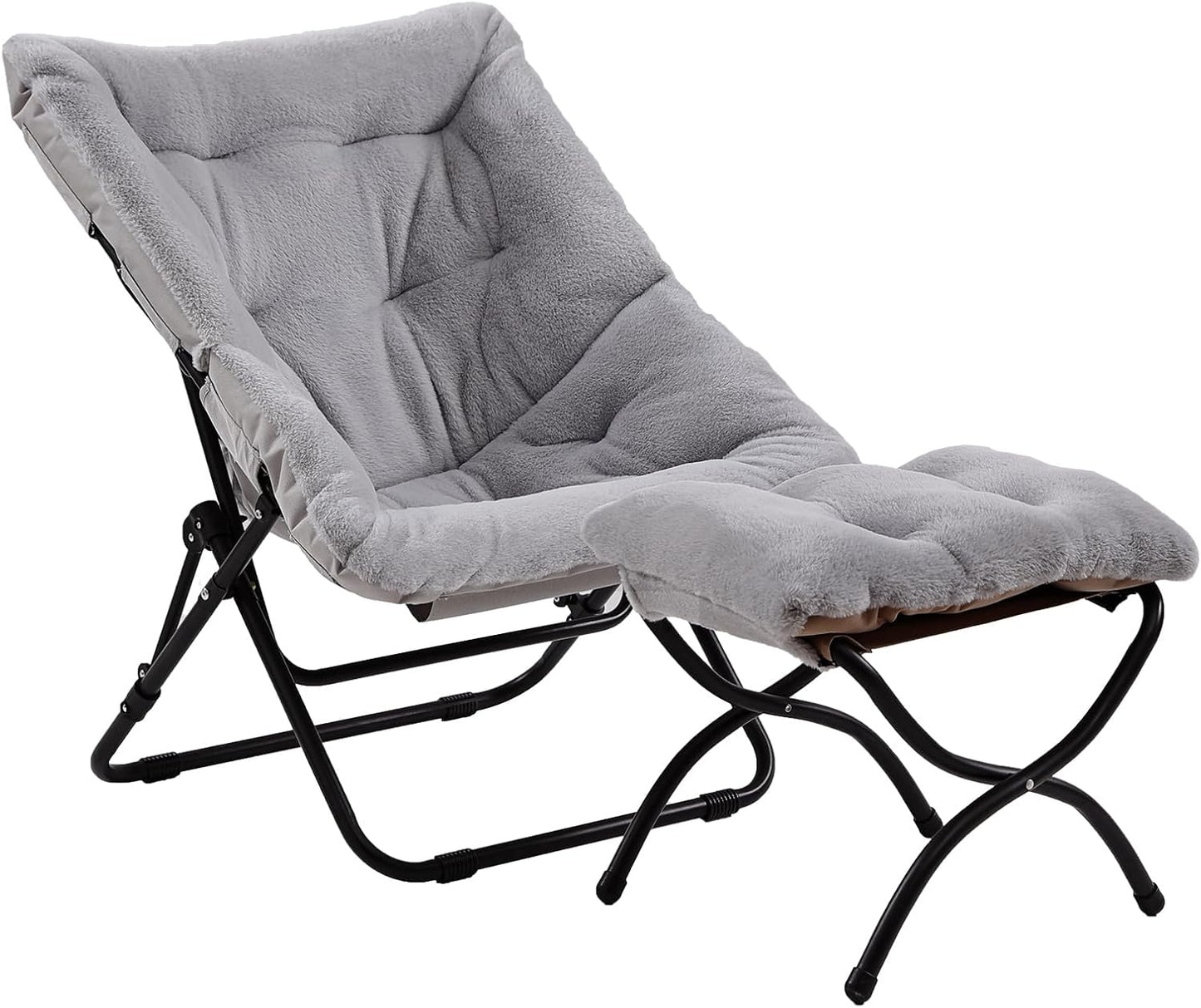 Comfy Folded Chair with Ottoman, Oversized Folding Faux Fur Chair Soft Furry Lounge Lazy Chair with Metal Frame Moon Chair Accent Chair for Bedroom, Living Room, Dorm Rooms