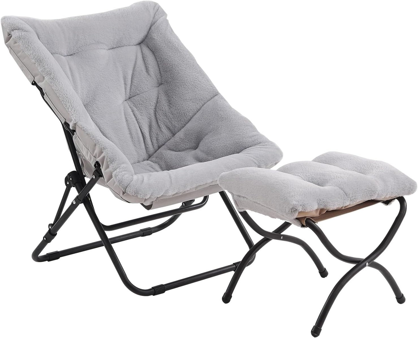 Tiita Folded Chair with Ottoman, Soft Faux Fur Oversized Folding Accent Chair,Lounge Lazy Chair, Metal Frame Moon Chair for Bedroom, Living Room, Dorm Rooms, Garden and Courtyard