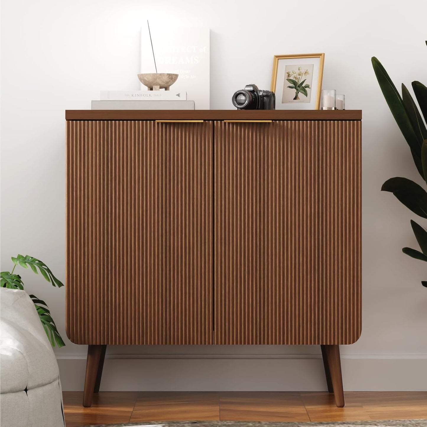 Fluted Buffet Cabinet – Modern Wood Sideboard with 2-Doors & Shelves, Multifunctional Storage Cabinet & Credenzas for Entryway, Dining & Living Room, Walnut