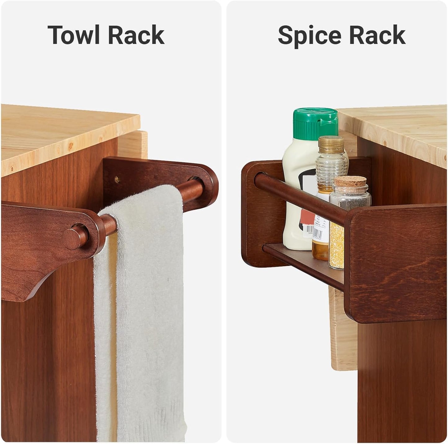 Rovibek 53" Kitchen Island on Wheels with Drawers - Large Rolling Island Cart with Storage, Cabinet, Spice Rack, and Towel Holder