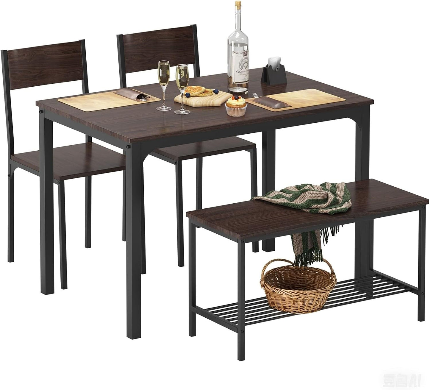 soges 4-Piece Dining Table Set with Bench - 4 Person Kitchen Table and 2 Chairs for Small Spaces, Apartment - Metal Frame & Woodgrain Tabletop, Space-Saving Design, Durable & Easy to Clean, Dark Oak