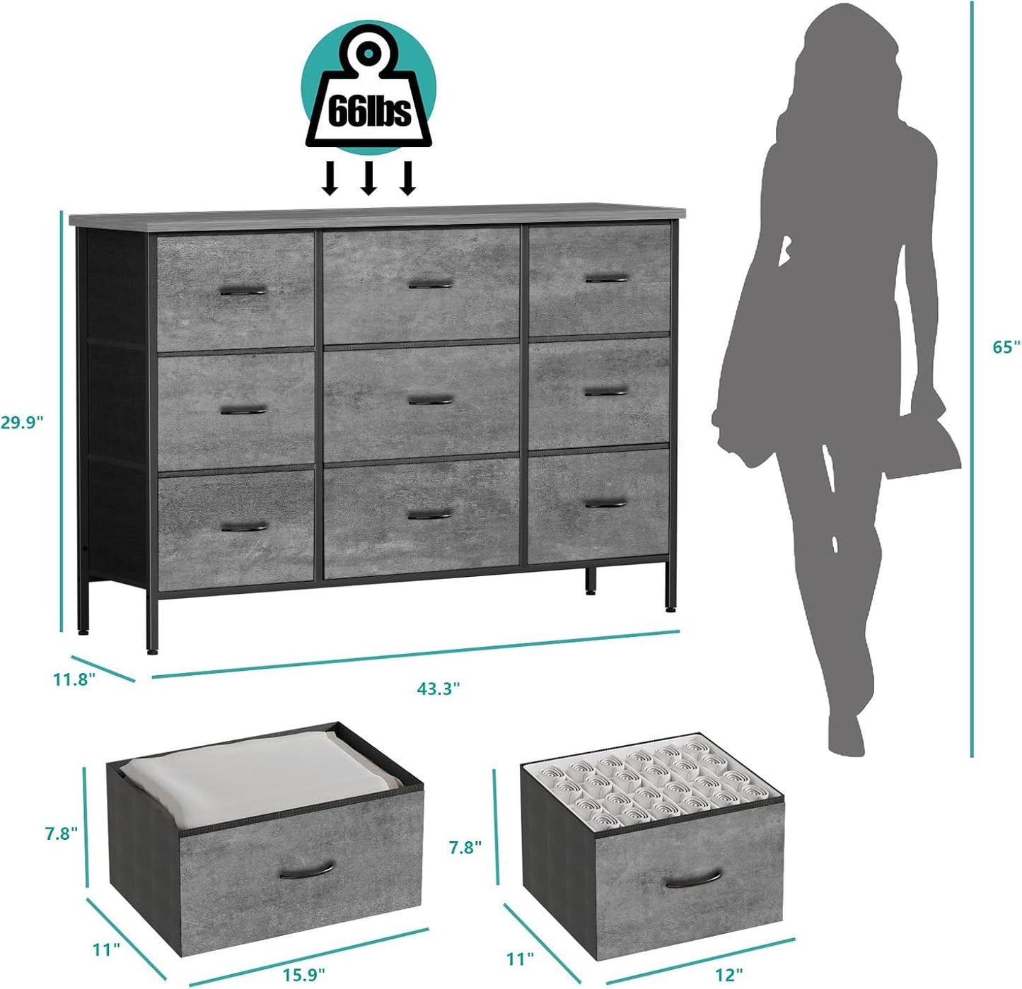 Dresser for Bedroom with 9 Deep Drawers, Wide TV Stand Modern TV Console, Fabric Storage Cabinet, Chest of Drawers for Closet, Nursery (Gray)