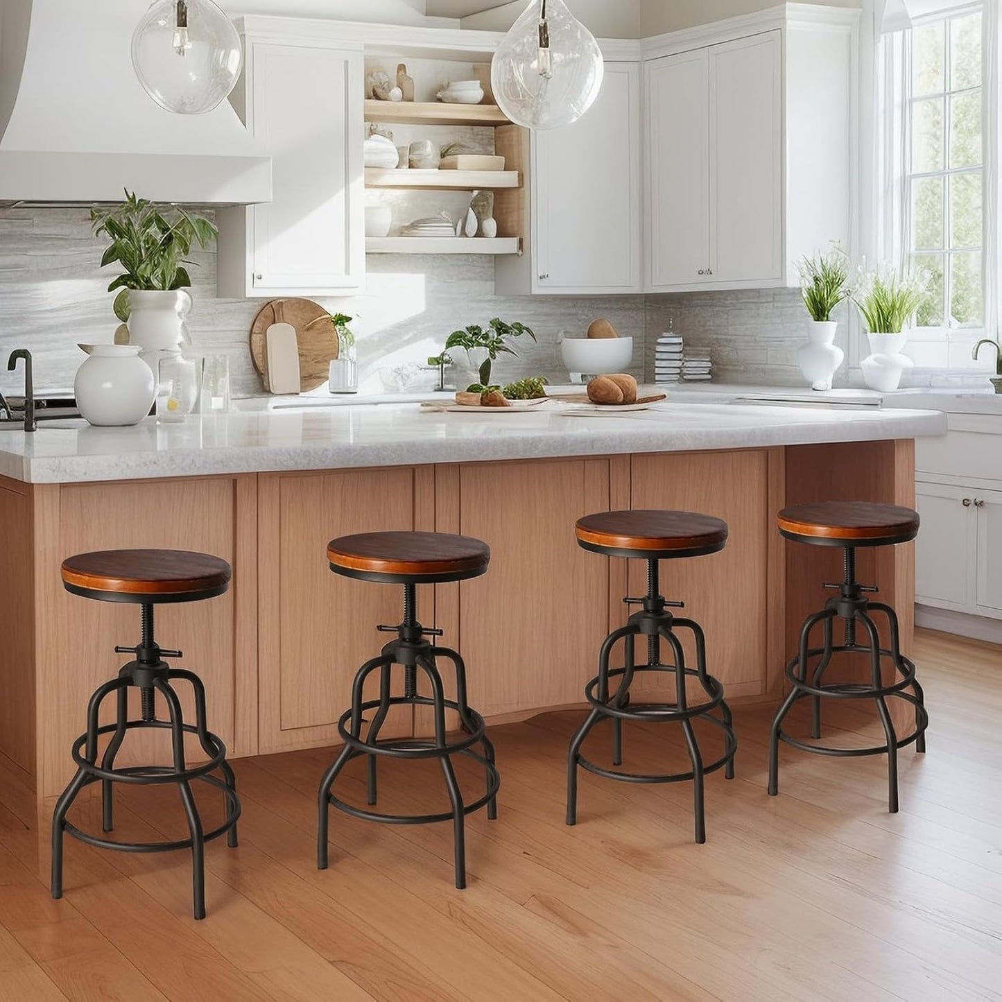 LOKKHAN Vintage Industrial Barstools - 13.8" Dia Round Wooden Brown Seat - Black Metal Base - Adjustable Height: 23.6"-29.5" / Minimalist Design/Raw Rustic Look/Rotating Top Bar Chairs, Set of 4