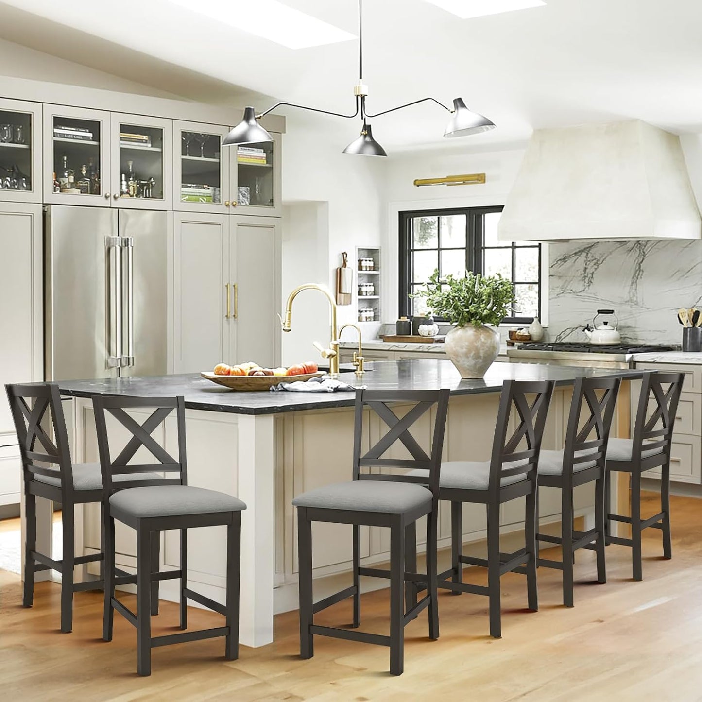 Upholstered Counter Height Bar Stools Set of 6, Modern Kitchen Island Barstools Chairs with Cross Back and Wood Legs for Dining Room Bar, Dark Grey