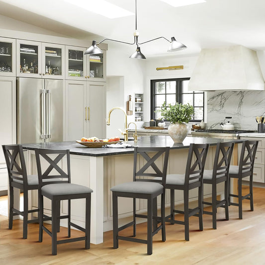 Upholstered Counter Height Bar Stools Set of 6, Modern Kitchen Island Barstools Chairs with Cross Back and Wood Legs for Dining Room Bar, Dark Grey