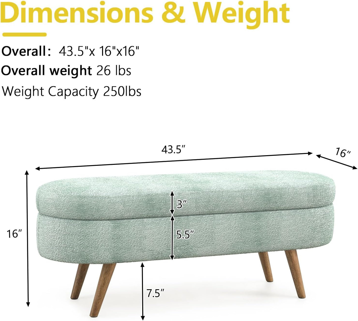 NicBex Ottoman Bench with Storage for Bedroom, 43.5" Upholstered End of Bed Bench with Rubber Wood Legs, Linen Storage Bench for Living Room or Entryway,